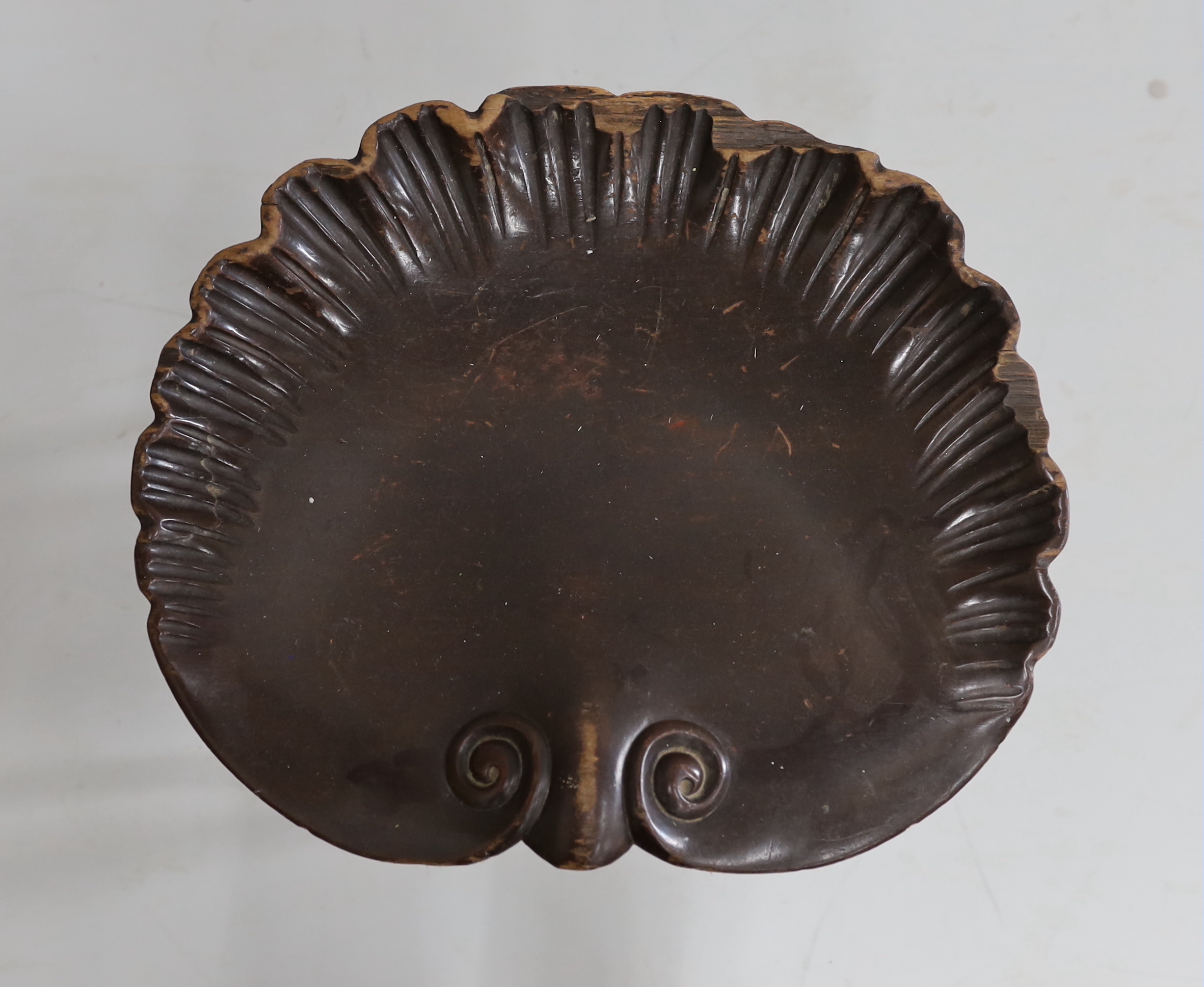A Victorian style harpist's stool with scalloped shell seat, width 46cm, height 44cm